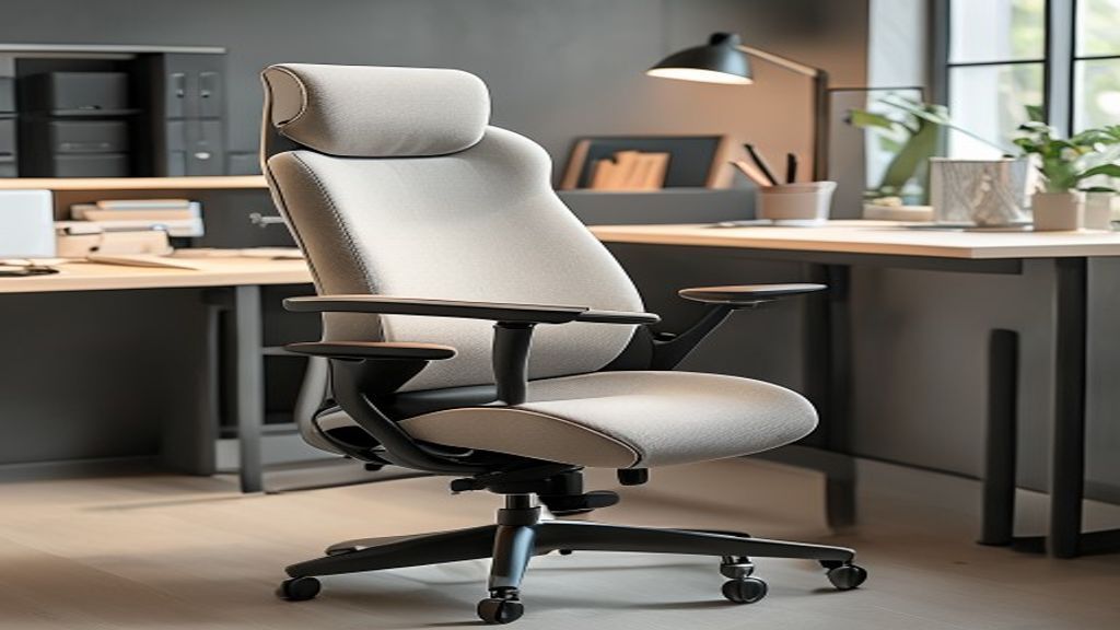 Well-organised ergonomic office desk with adjustable chair, monitor at eye level, and keyboard tray